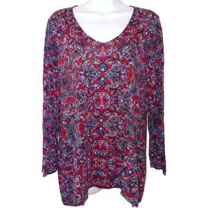 J.JILL Medium Petite Red w/Navy & White Paisley Rayon/Tencel Knit Top Long Sides